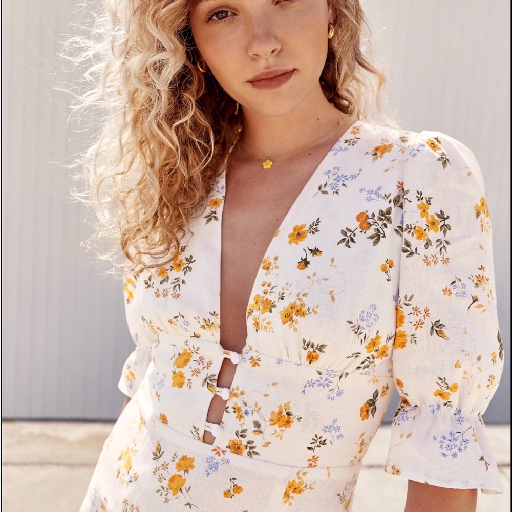 Reformation Cream Midi Dress with Yellow & Blue Floral Print - Picture 2 of 7